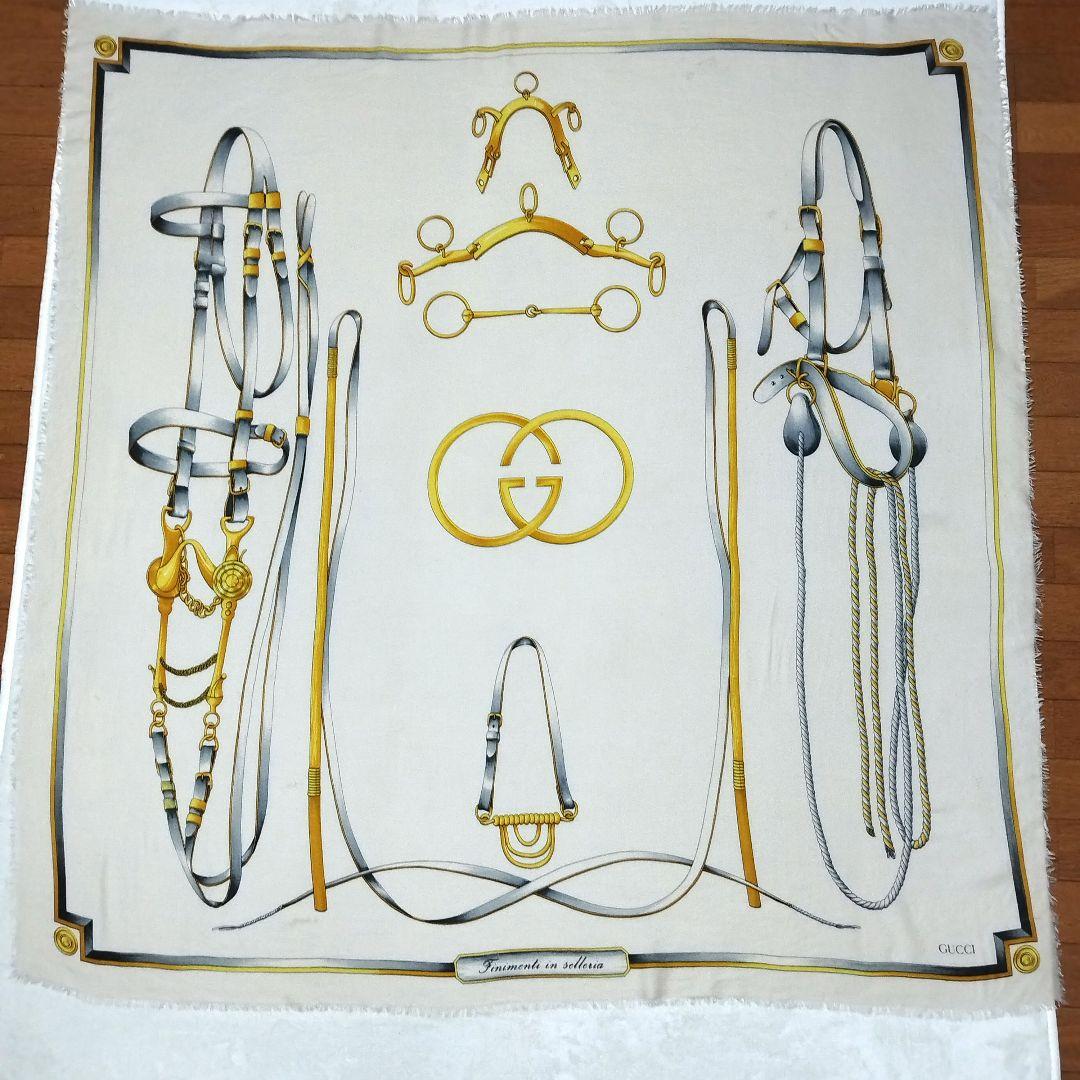 【希少品】GUCCI オールドグッチ　馬具柄　大判スカーフ　ウール　シルク