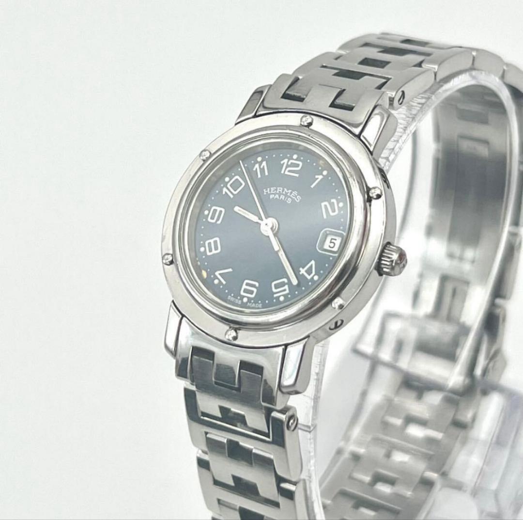 エルメス クリッパー 腕時計　ネイビー文字盤　レディース　シルバー　Hベルト