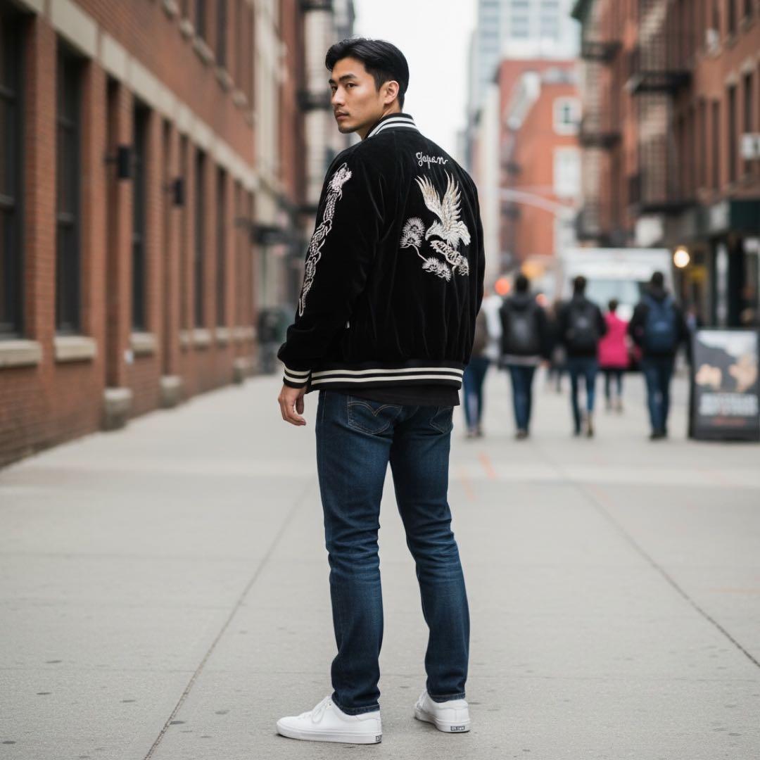 ヴィンテージ　ヤマコ　日本製 黒 スカジャン 鷹刺繍　龍刺繍　ベロア　和柄　Ｆ