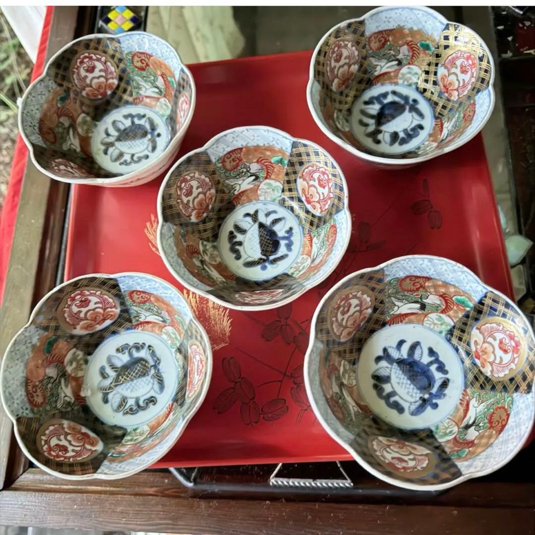 2242様感謝‼️春‼️伊万里錦手向付おひたしにはこれ‼️桃手鶴六弁花在銘向付鉢 5客