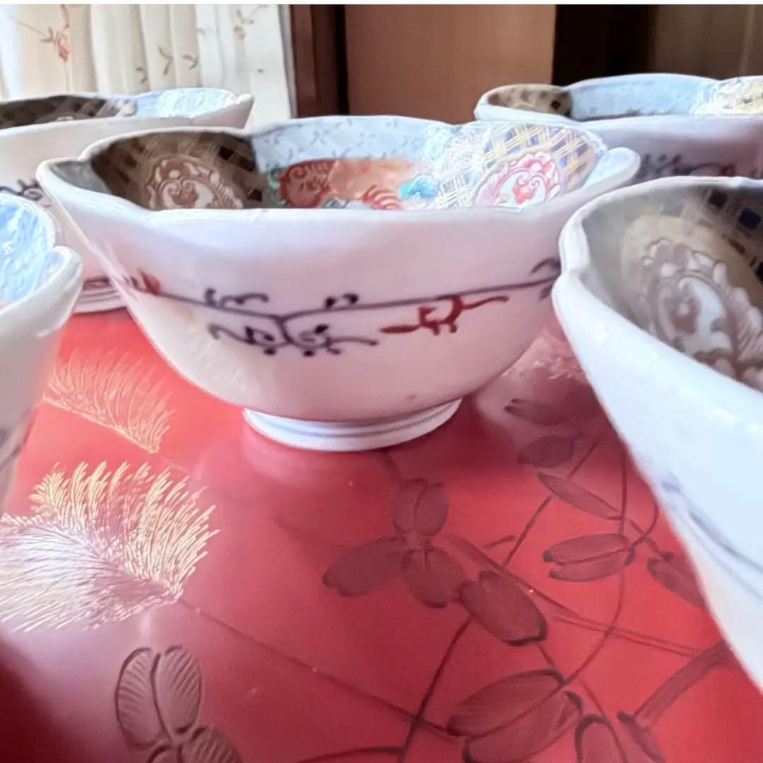 2242様感謝‼️春‼️伊万里錦手向付おひたしにはこれ‼️桃手鶴六弁花在銘向付鉢 5客