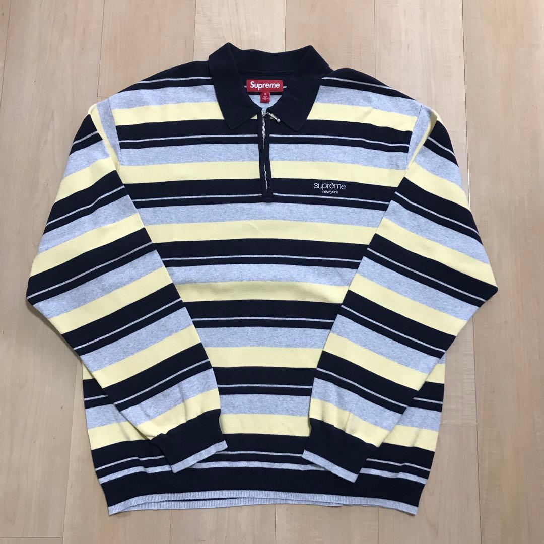 Supreme Stripe Zip L/S Polo サイズM ネイビー