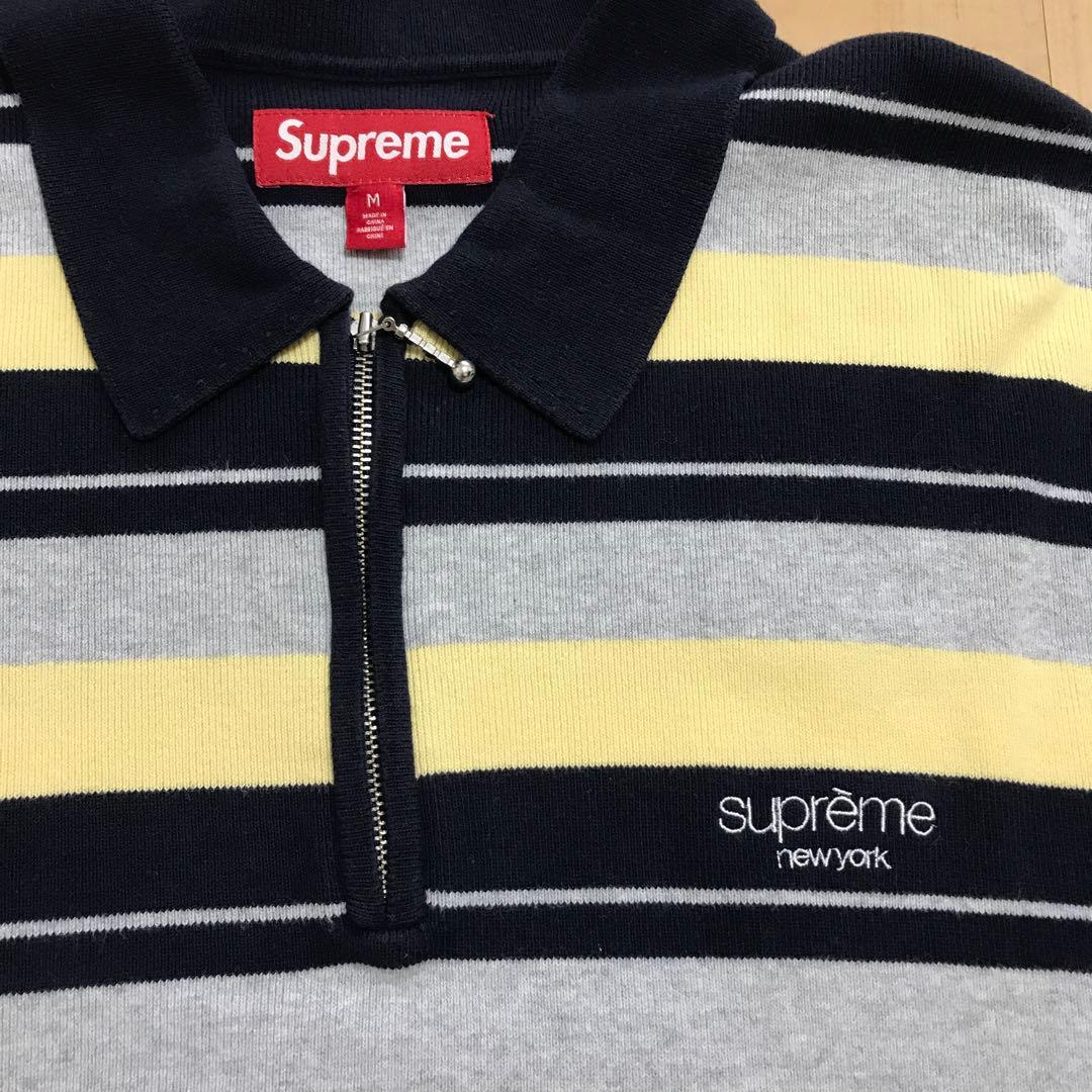 Supreme Stripe Zip L/S Polo サイズM ネイビー