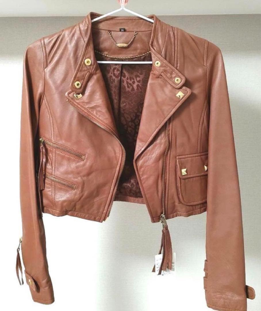 本革✦新品タグ付✧Language 高級レザーライダースジャケット 豹柄ブラウン