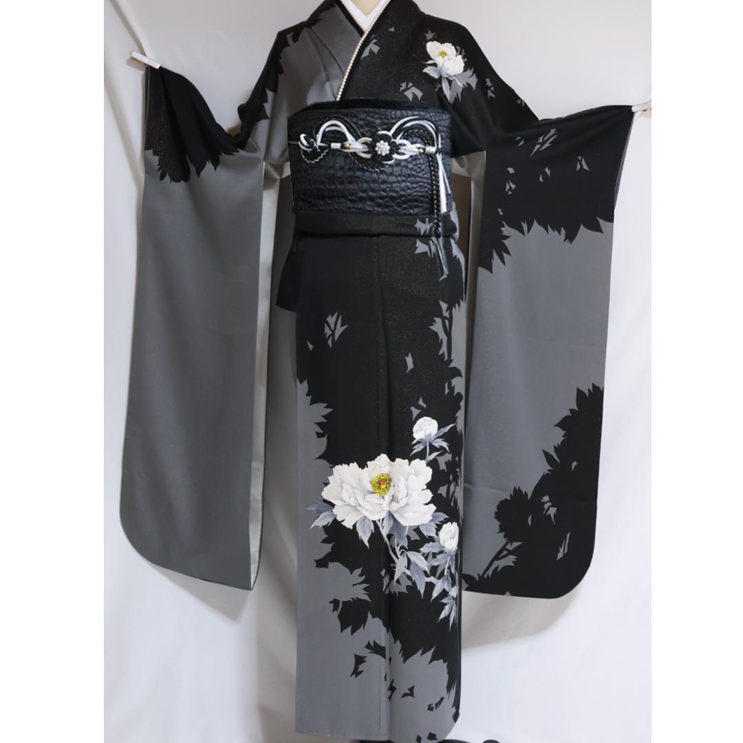 モノトーン系黒グレー■振袖6点セット156.5cm帯新品フルセット成人式GT25