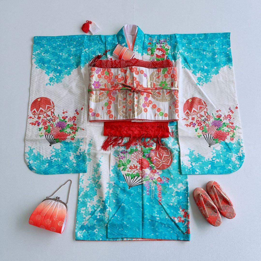 フルセット　七五三　７歳女の子　水色白　花扇　毬　白系袋帯　簡単半衿　7074