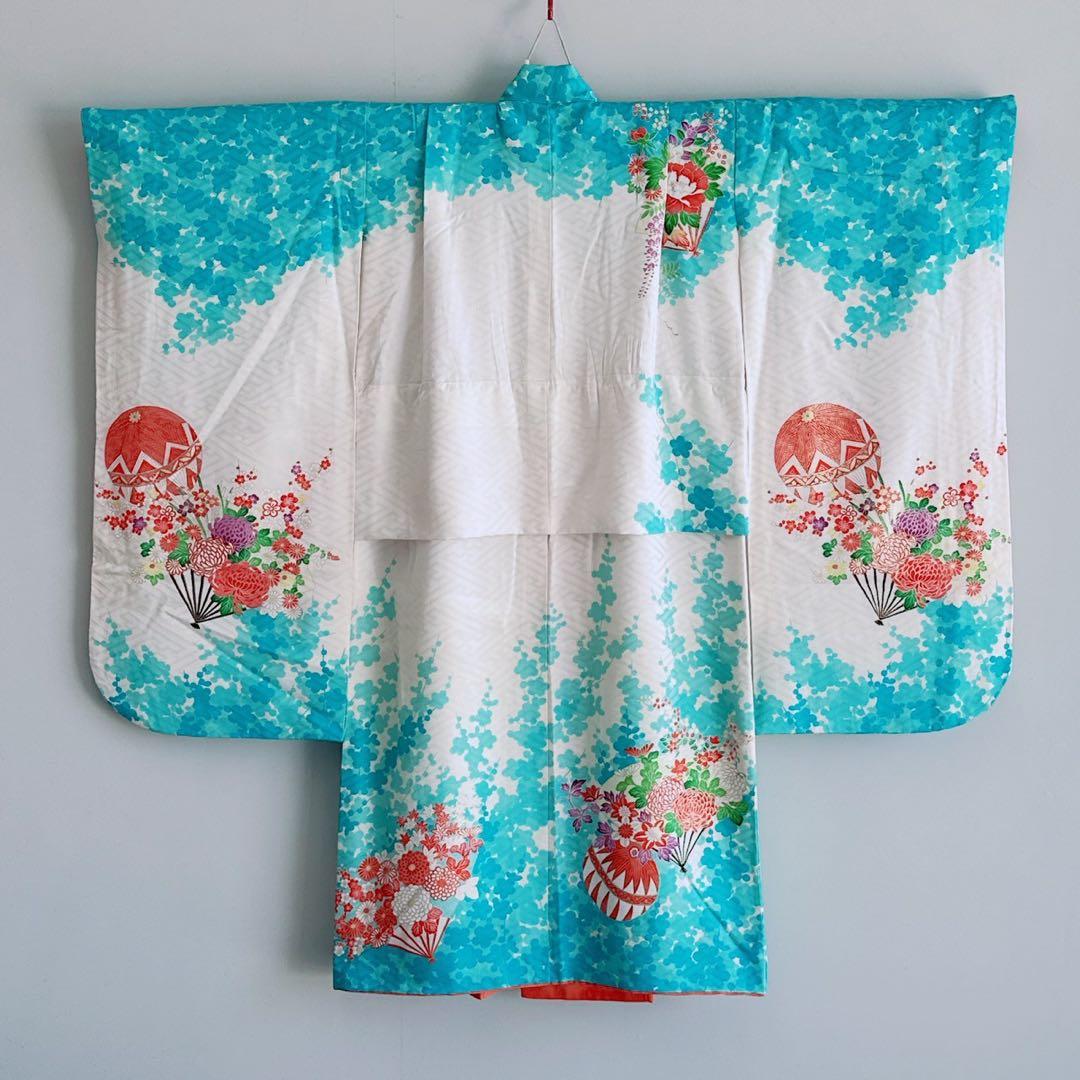 フルセット　七五三　７歳女の子　水色白　花扇　毬　白系袋帯　簡単半衿　7074