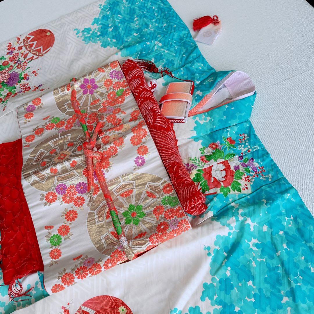 フルセット　七五三　７歳女の子　水色白　花扇　毬　白系袋帯　簡単半衿　7074