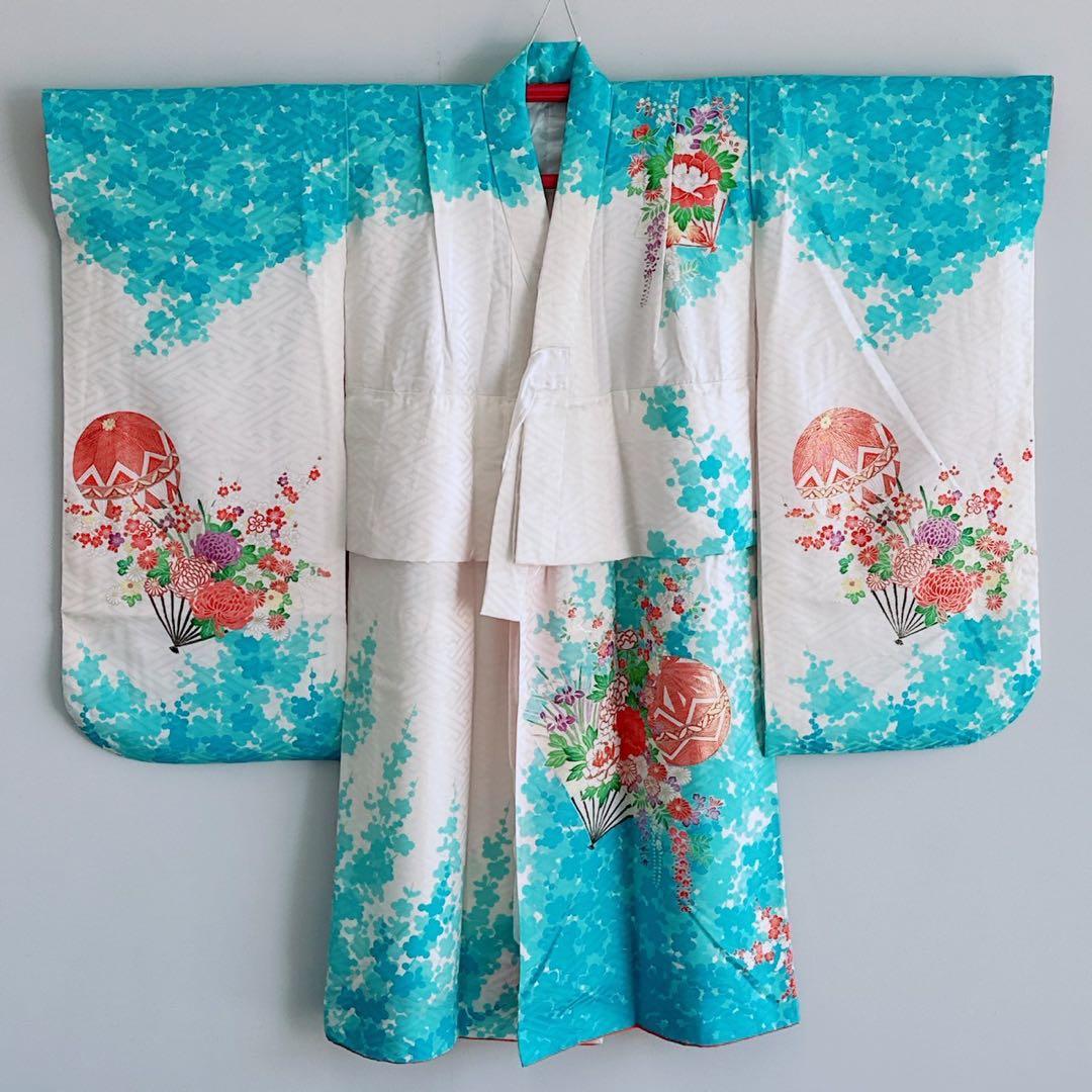 フルセット　七五三　７歳女の子　水色白　花扇　毬　白系袋帯　簡単半衿　7074