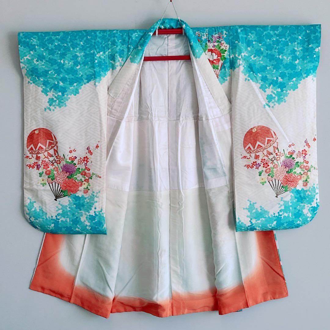 フルセット　七五三　７歳女の子　水色白　花扇　毬　白系袋帯　簡単半衿　7074