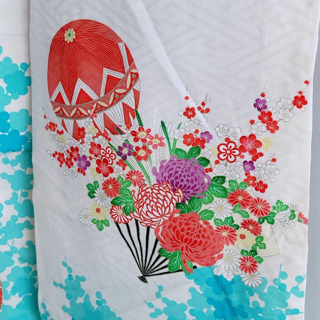フルセット　七五三　７歳女の子　水色白　花扇　毬　白系袋帯　簡単半衿　7074