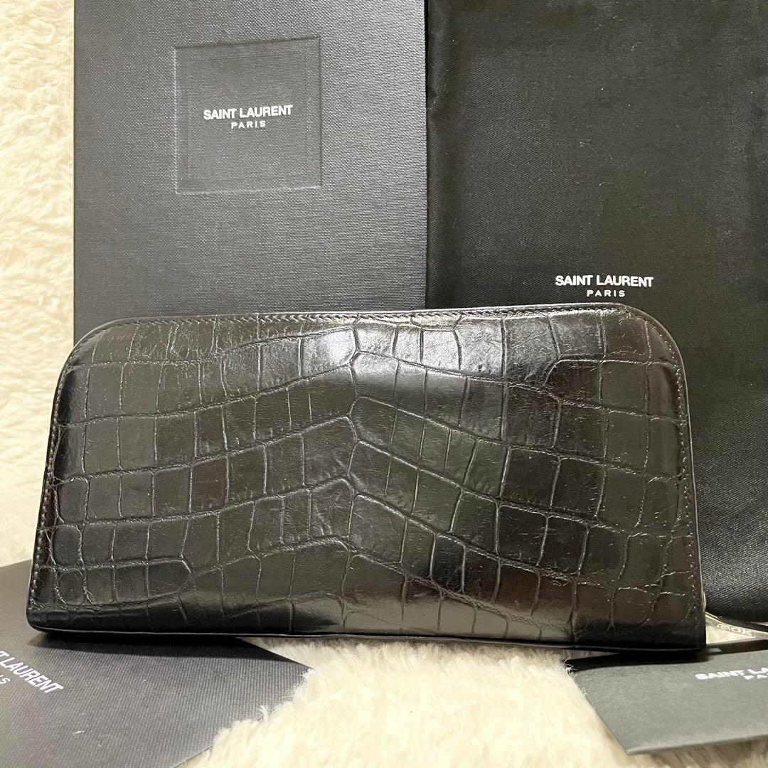 箱付美品 付属品完備 サンローランパリ クロコ型押し ラウンドファスナー 長財布