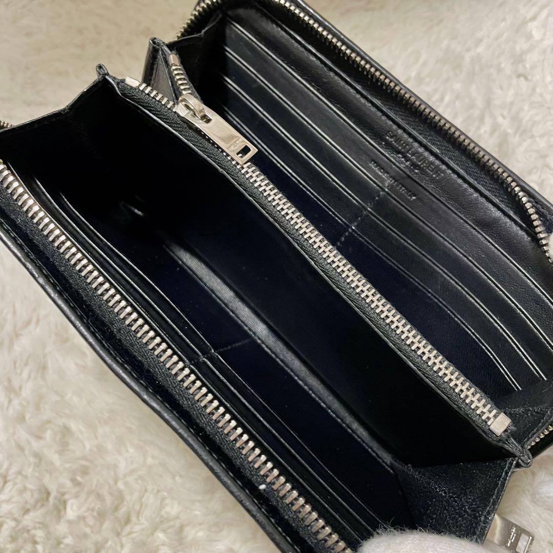 箱付美品 付属品完備 サンローランパリ クロコ型押し ラウンドファスナー 長財布