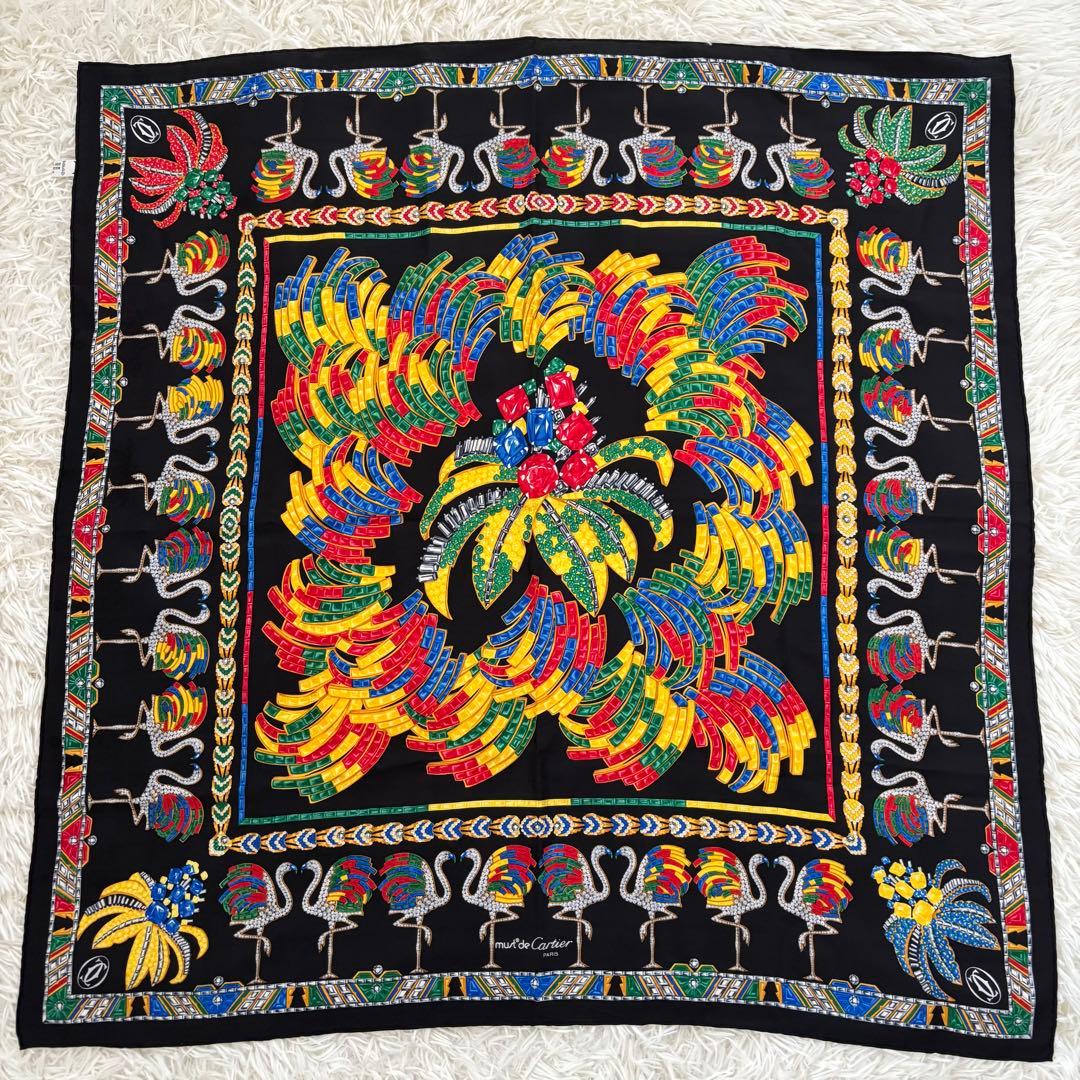 Cartier カルティエ シルクスカーフ 宝石 フラミンゴ モチーフ ブラック