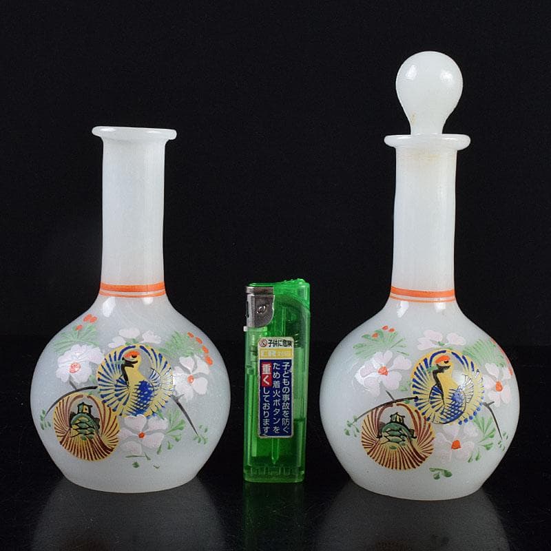 ガラス工芸　鶴亀図　雛徳利　一對　時代箱　縁起物　V　R8928