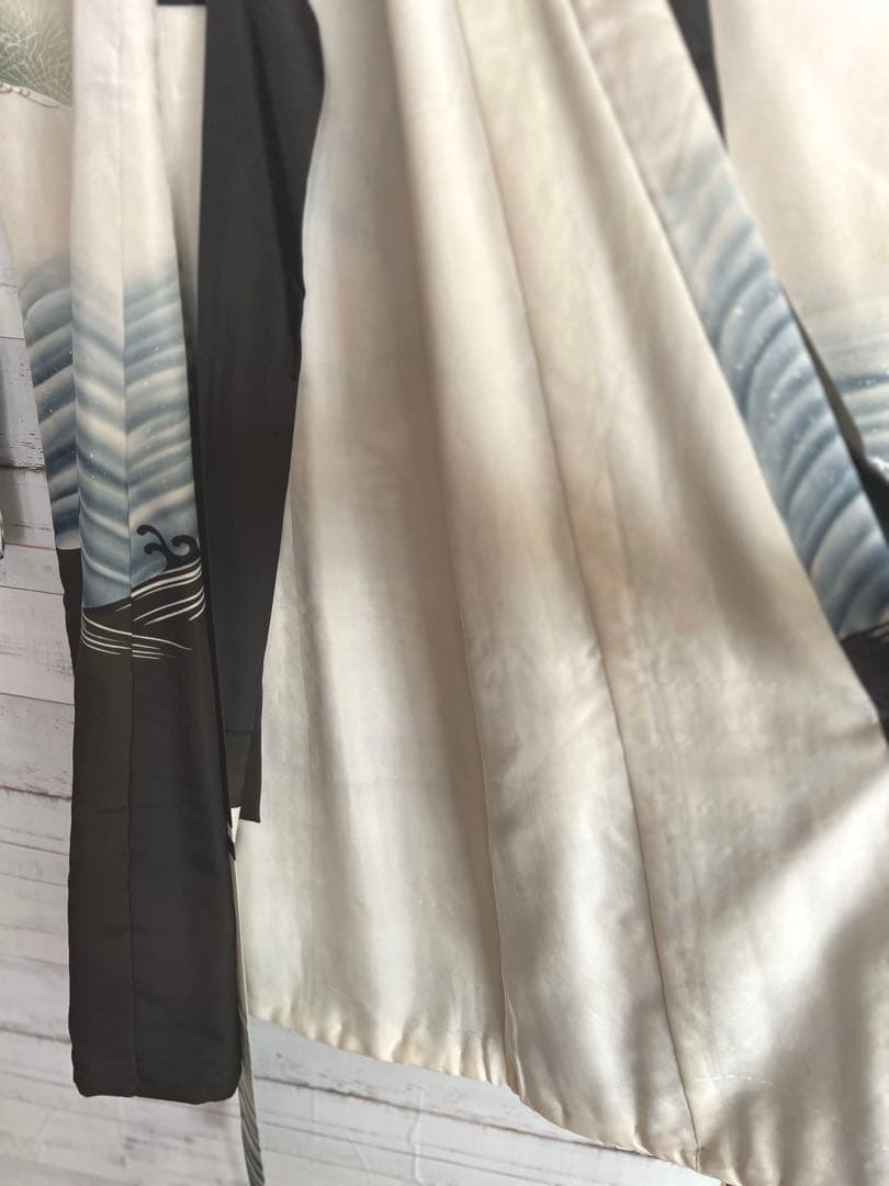 5502◆男の子アンティーク着物五つ紋宝船番鶴波手描き手刺繍時代古裂品格ある逸品