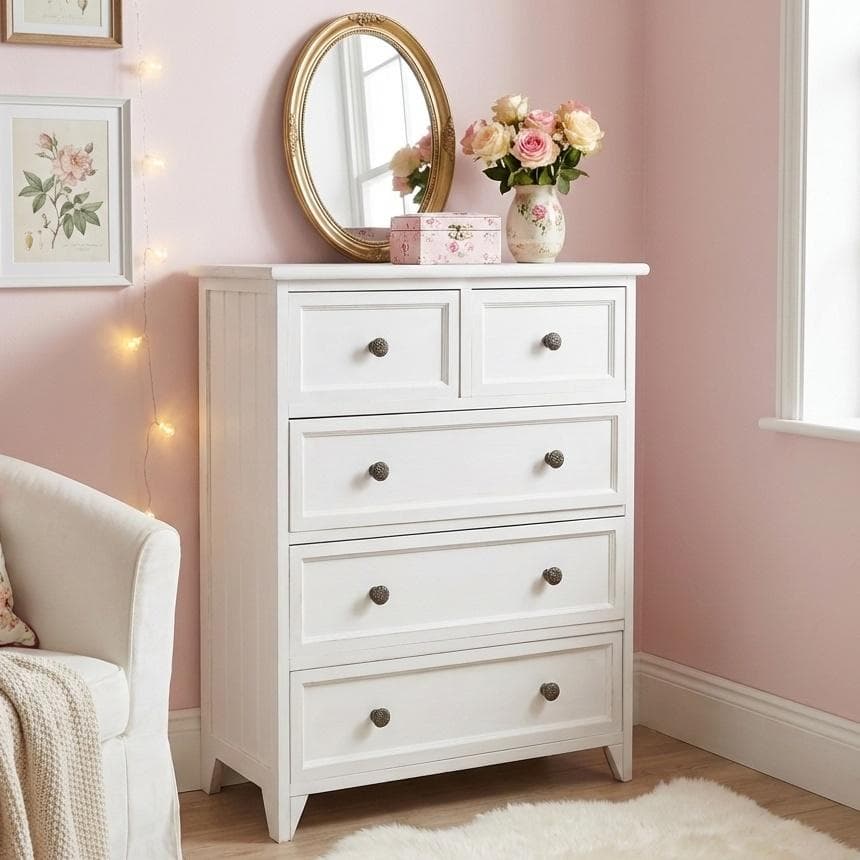 【新品・訳あり】アンティーク調 ホワイトチェスト 4段5杯 完成品 幅60cm