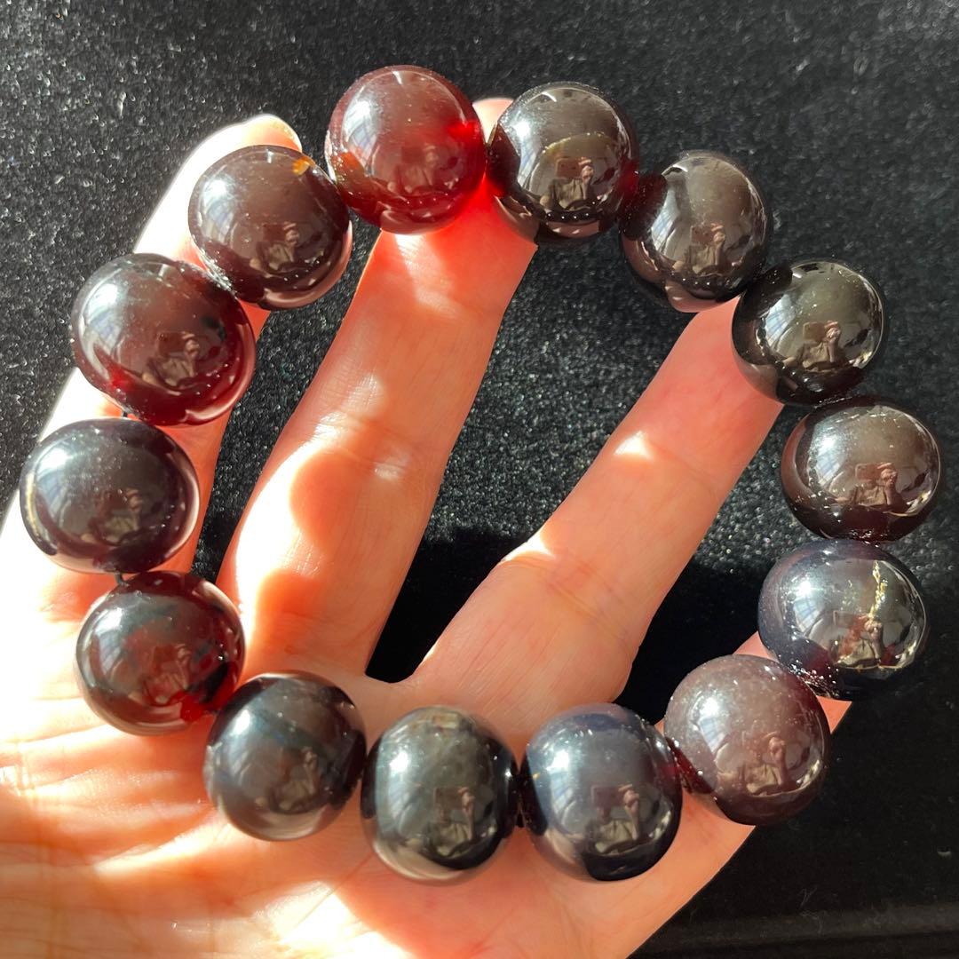 高品質 琥珀 スマトラ チェリーレッド ブルー アンバー ブレスレット 化石