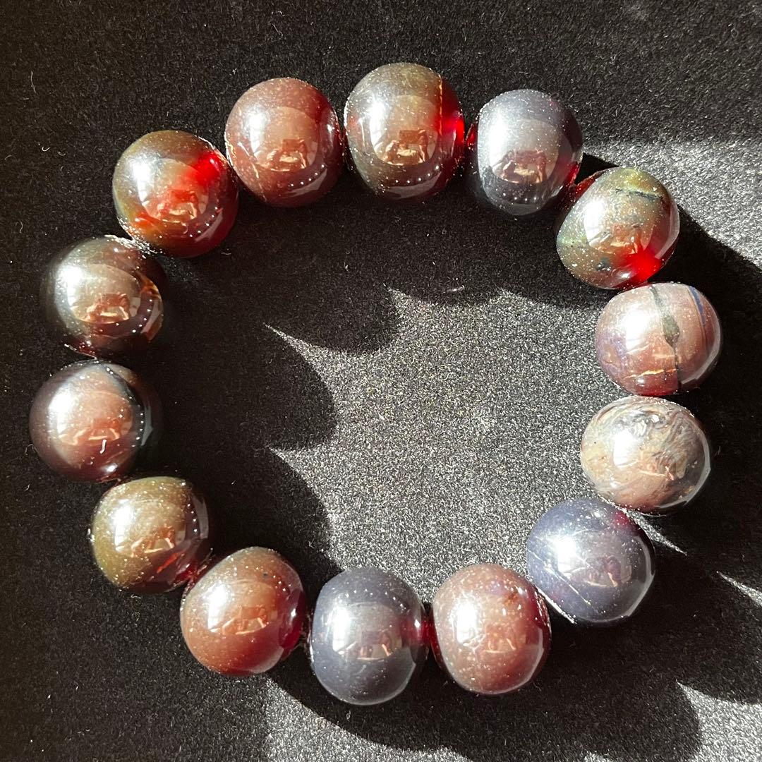 高品質 琥珀 スマトラ チェリーレッド ブルー アンバー ブレスレット 化石