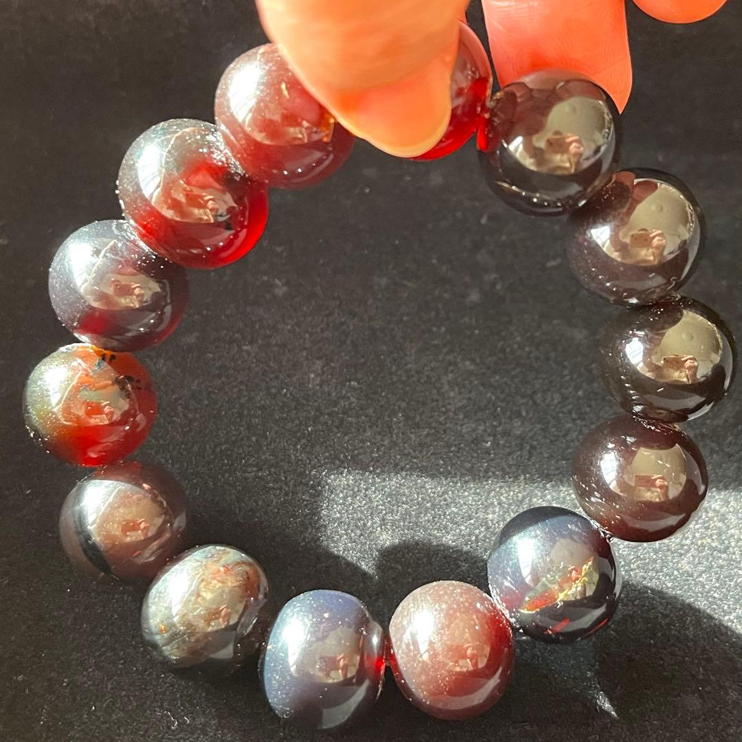 高品質 琥珀 スマトラ チェリーレッド ブルー アンバー ブレスレット 化石