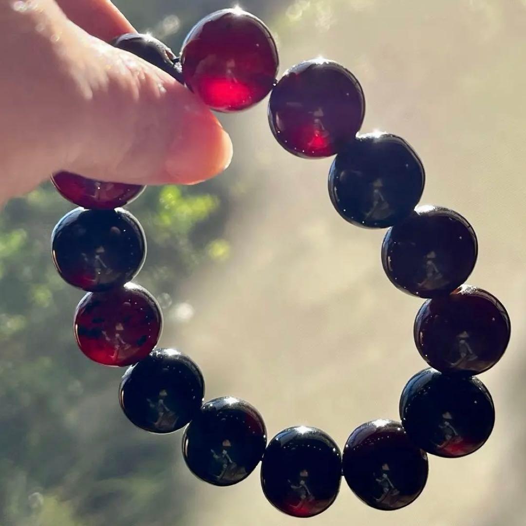 高品質 琥珀 スマトラ チェリーレッド ブルー アンバー ブレスレット 化石