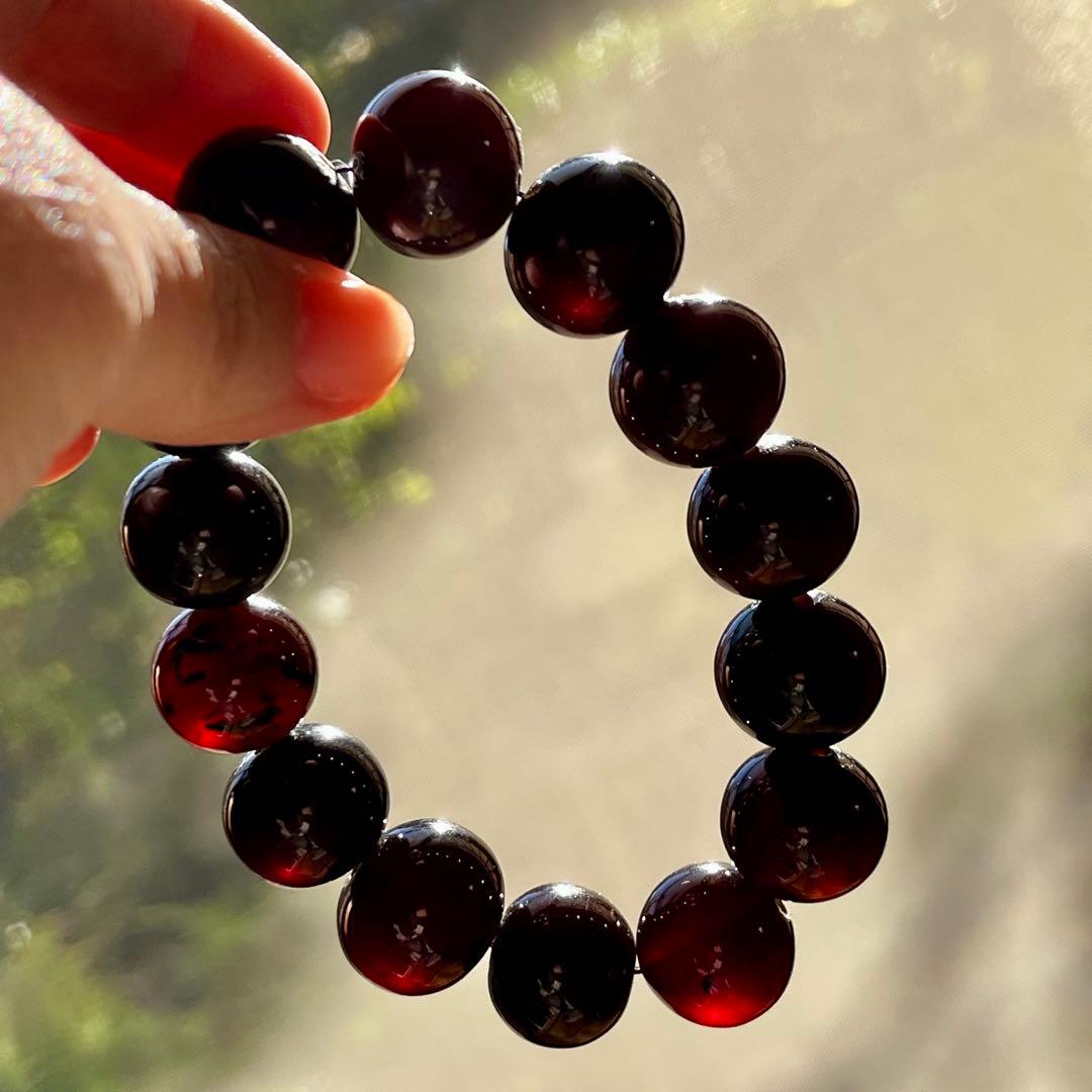 高品質 琥珀 スマトラ チェリーレッド ブルー アンバー ブレスレット 化石