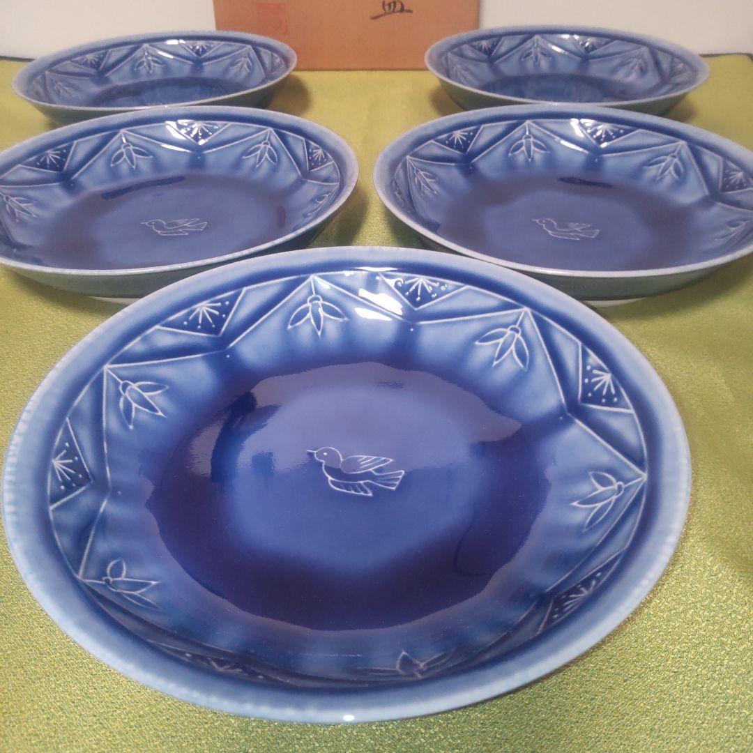 人間国宝 加藤卓男 幸兵衛窯 ブルー 青 瑠璃釉陽刻文皿 皿 5枚 箱付