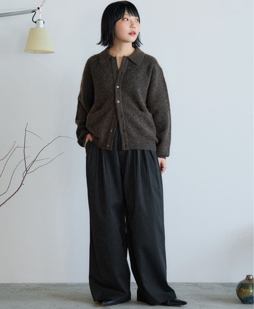 【WYM LIDNM】モヘア ニット シャツ カーディガン ブラウン　S