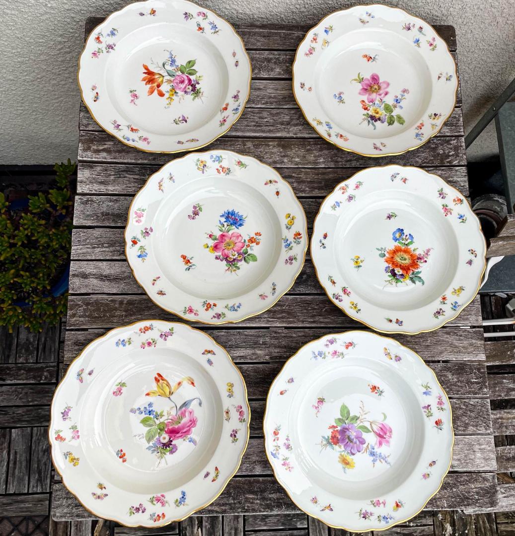 値下げマイセン 昆虫スーププレート深皿フラワーブーケ 23cm 金彩 6枚 1級