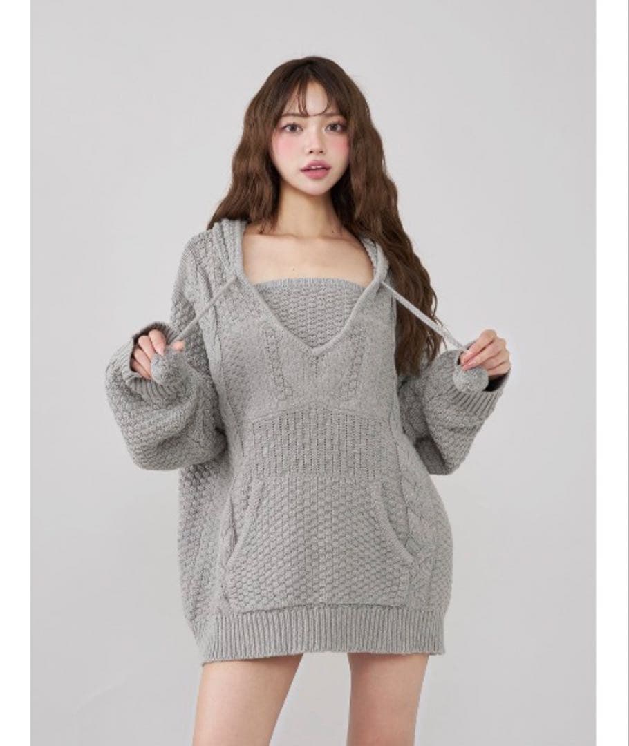 Darich ダーリッチ ケーブルDDロゴVネックニットフーディ グレー