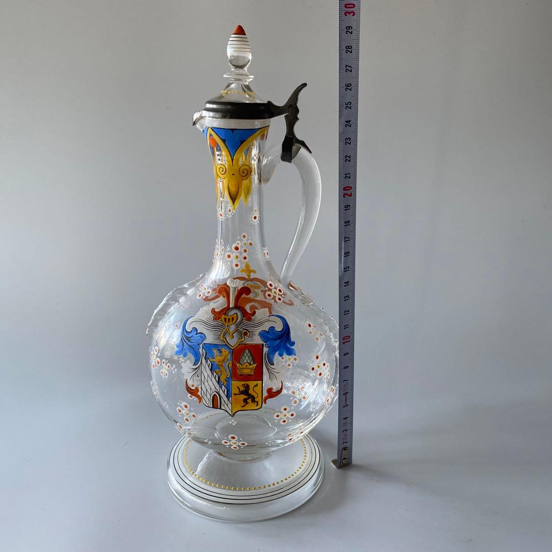 18世紀末 ドイツ 紋章入り エナメル彩ガラス デキャンタ 蓋付