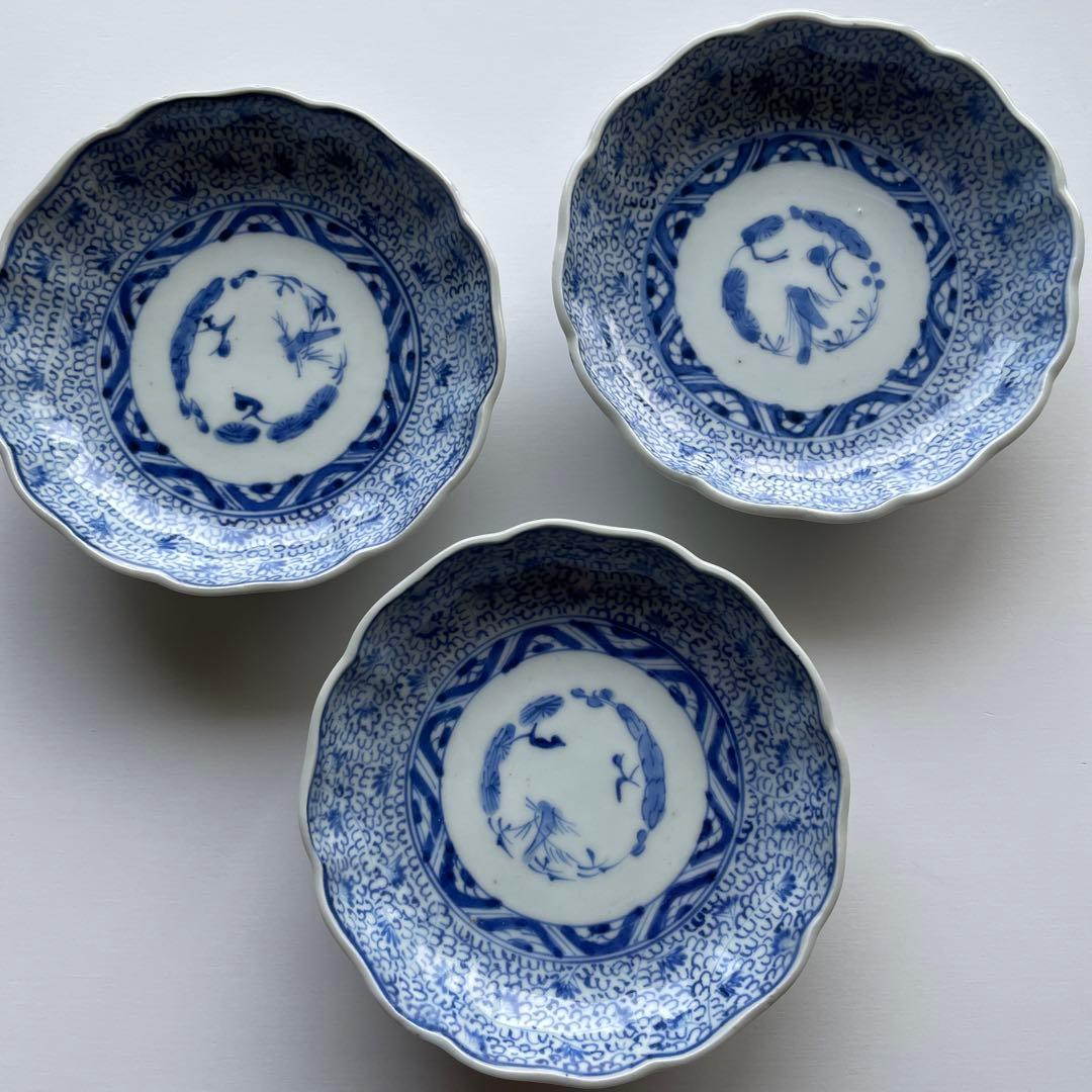 古伊万里・染付「成化年製 微塵唐草文様なます皿」三客