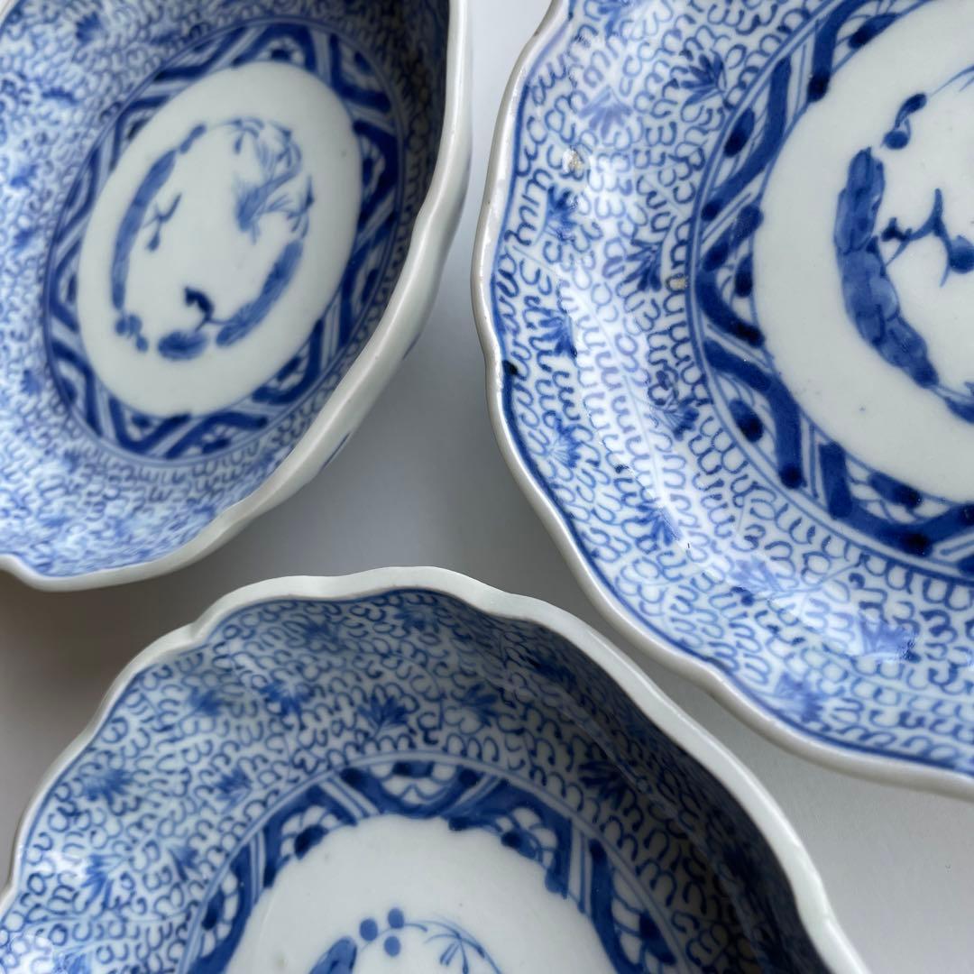 古伊万里・染付「成化年製 微塵唐草文様なます皿」三客