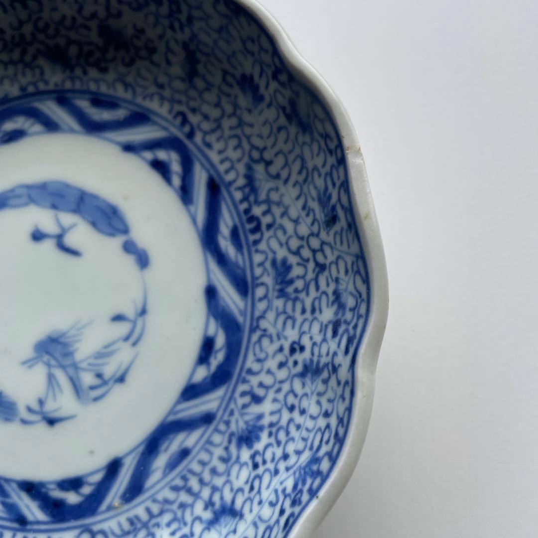 古伊万里・染付「成化年製 微塵唐草文様なます皿」三客