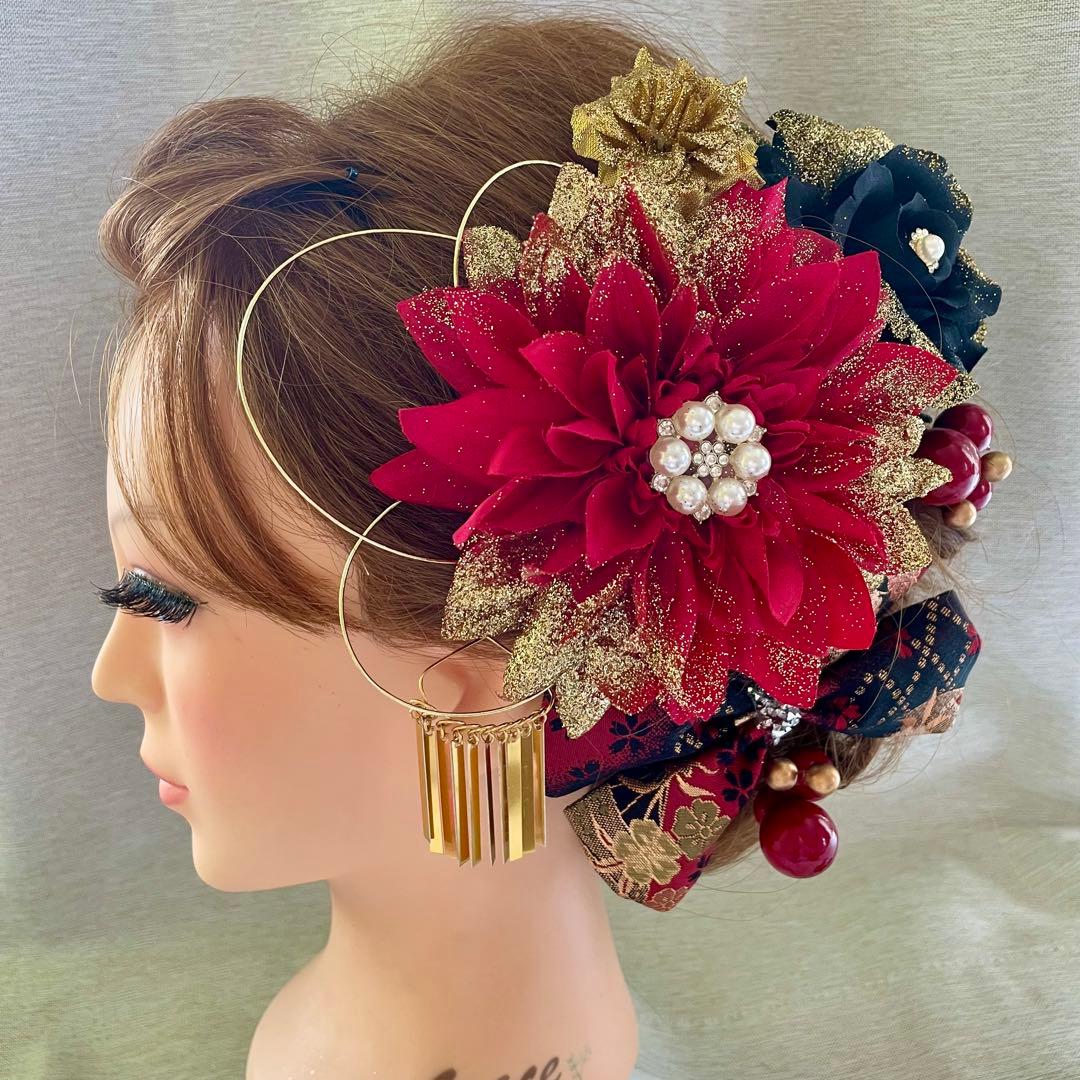 赤黒金　和装髪飾り　成人式髪飾り　振袖髪飾り　卒業式髪飾り　袴髪飾り　卒業式髪飾