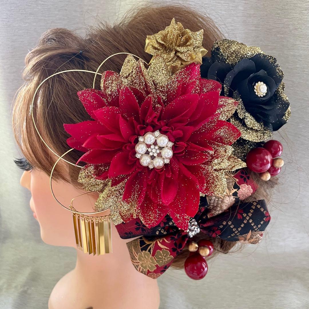 赤黒金　和装髪飾り　成人式髪飾り　振袖髪飾り　卒業式髪飾り　袴髪飾り　卒業式髪飾