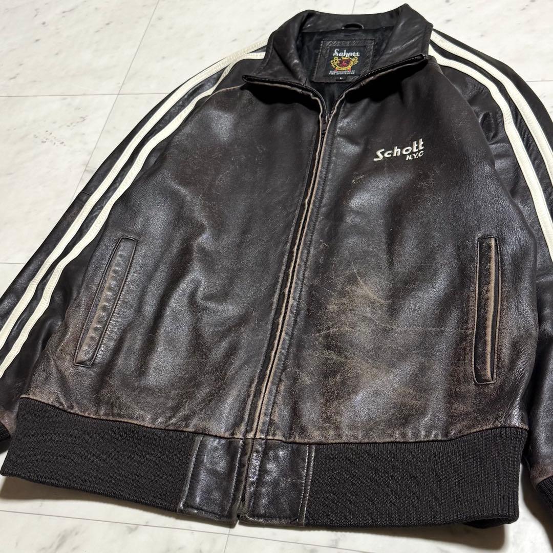 Schott ラムレザートラックジャケット 羊革 サイドライン ブラウン L