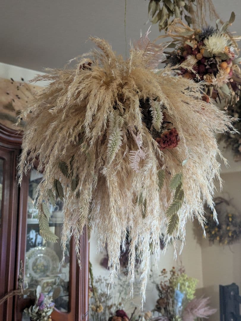 ドライフラワー★パンパスフライングボール★アンティーク風　ゆらゆら　1点物　癒し