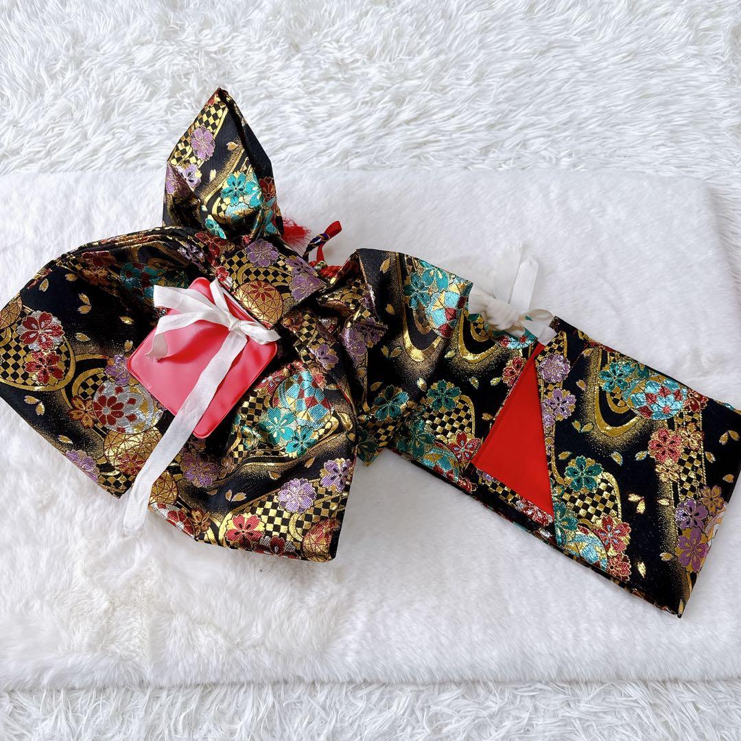 七五三　はこせこセット　黒×ゴールド　作り帯　草履21.0cm