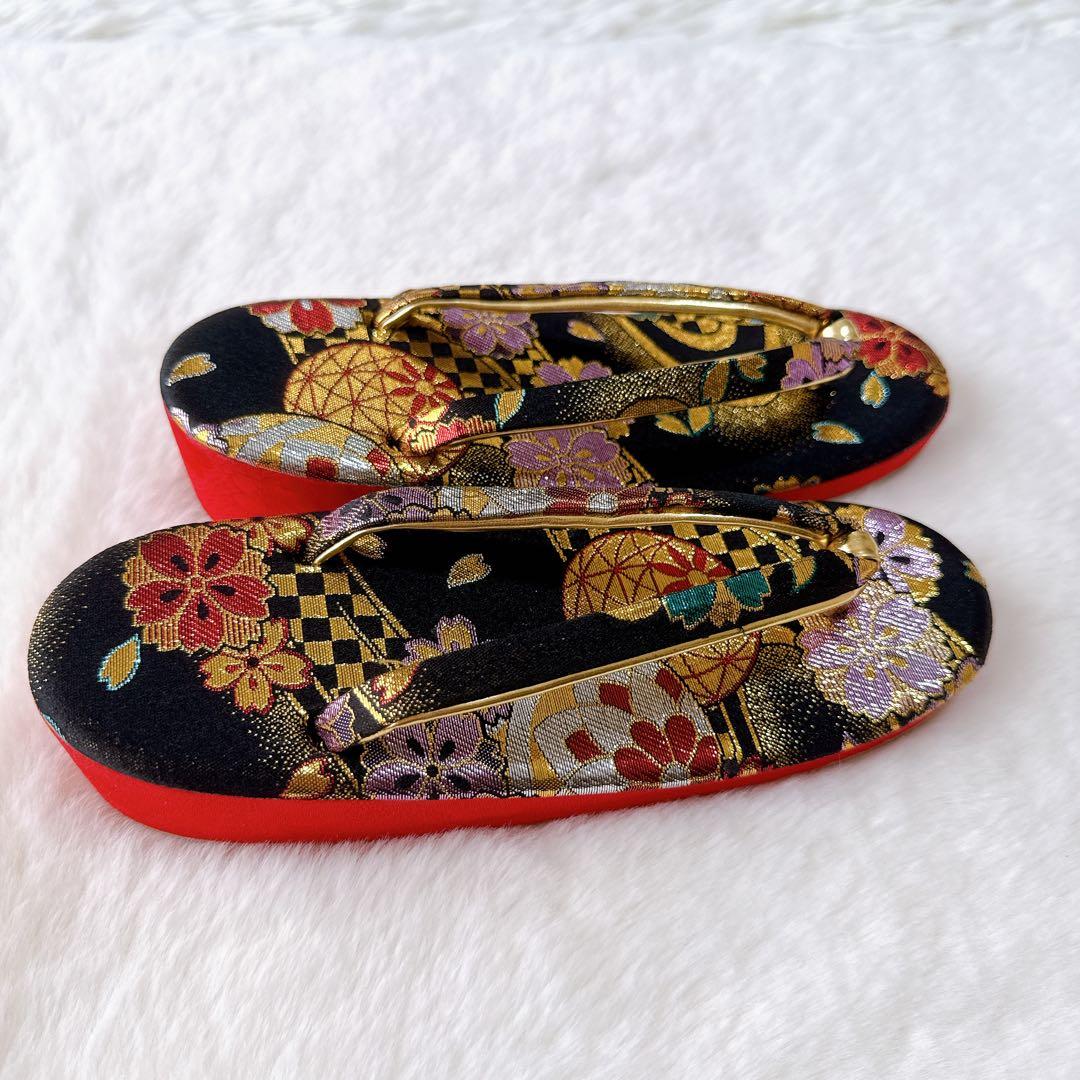 七五三　はこせこセット　黒×ゴールド　作り帯　草履21.0cm