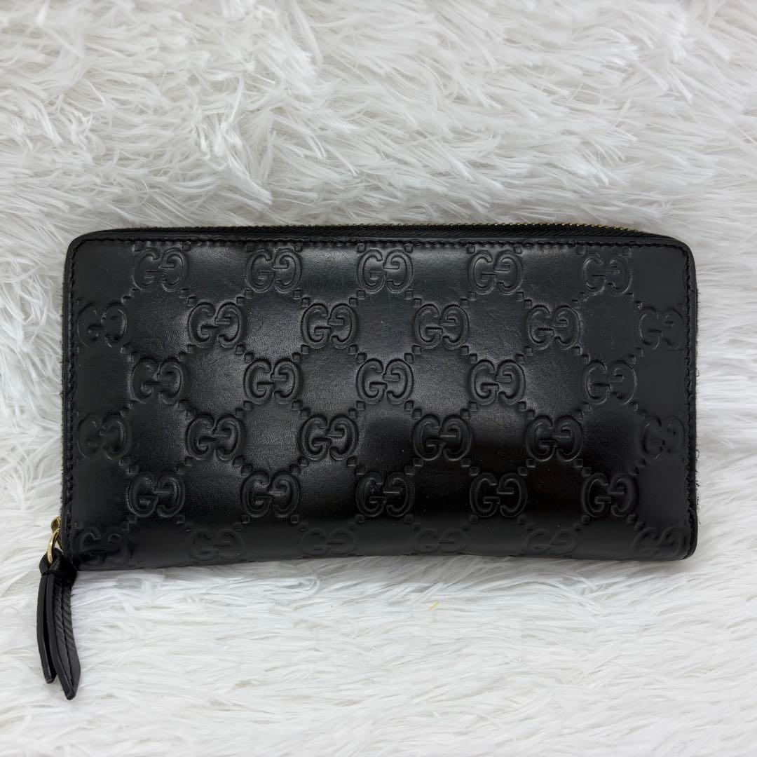 美品✨️グッチ　長財布　ラウンドファスナー　GG柄　シマ　レザー　ブラック　黒