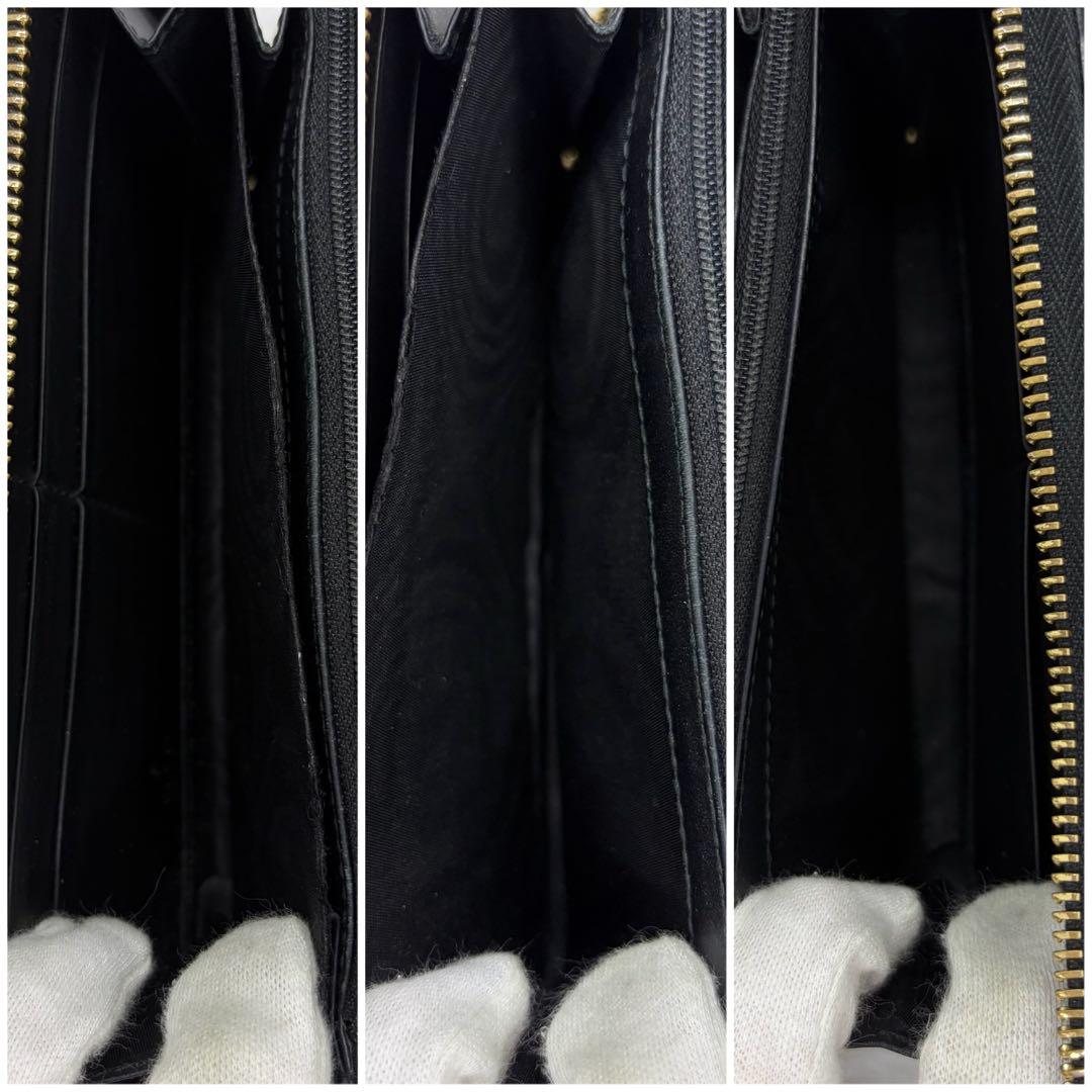 美品✨️グッチ　長財布　ラウンドファスナー　GG柄　シマ　レザー　ブラック　黒