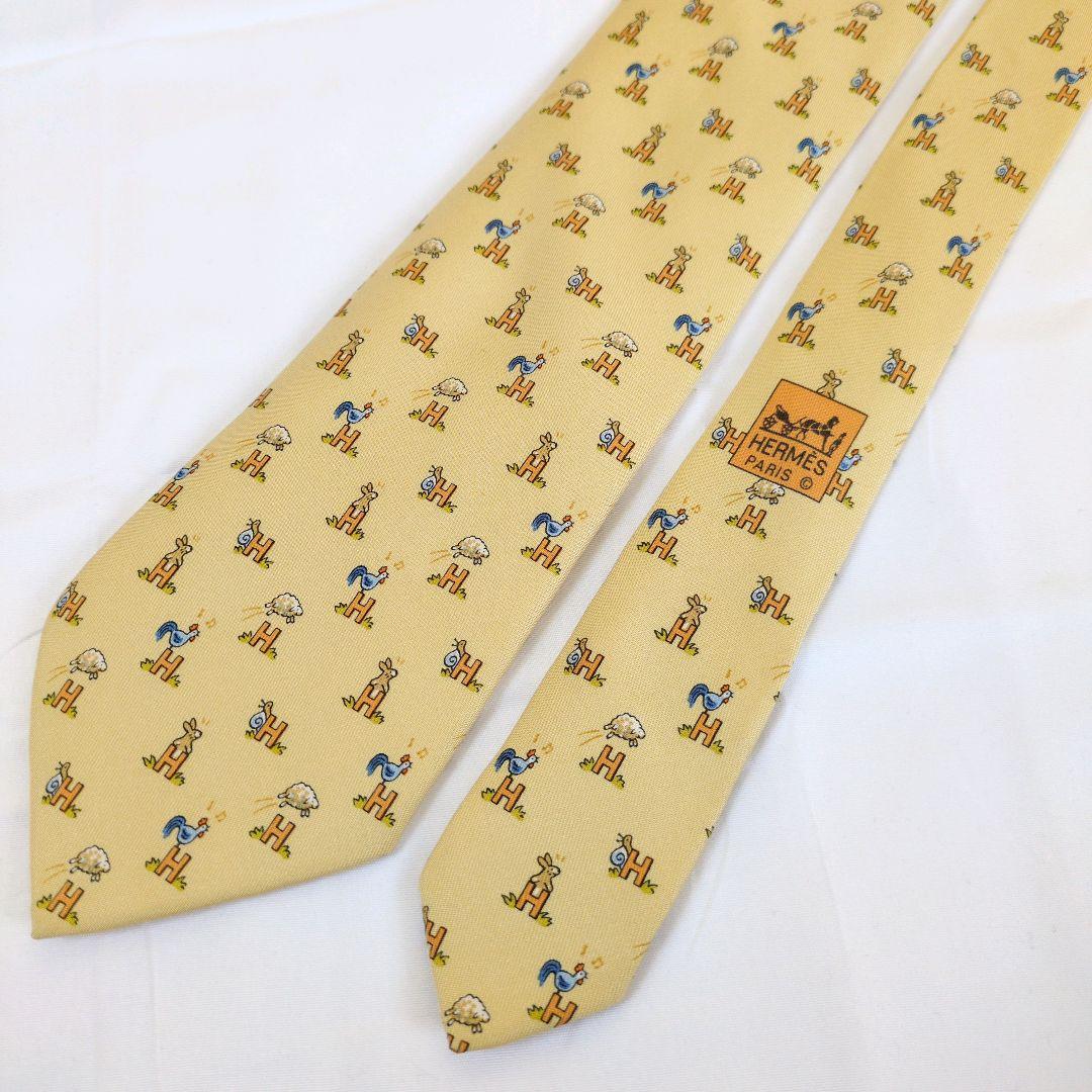 【美品】エルメス ネクタイ イエロー・オレンジ H柄 動物柄【フランス製】