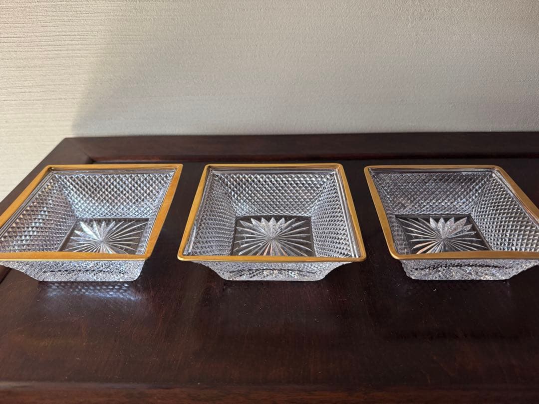 江戸切子　金彩ダイヤ文角平鉢　3客 堀口硝子