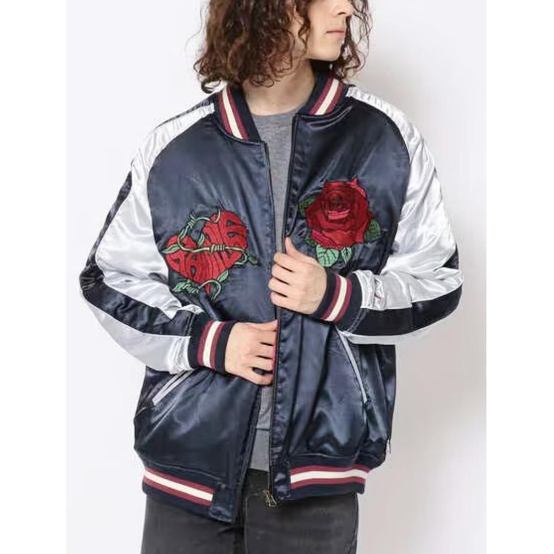 新品 エグザンプル サテン生地 ハート・薔薇刺繍 スカジャン Lサイズ 紺