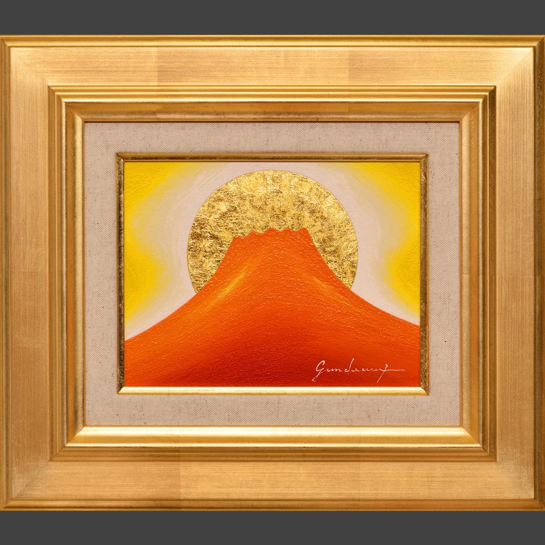 小さくてもお部屋が華やぐ●24K純金太陽開運赤富士山▲がんどうあつし油絵画F0号