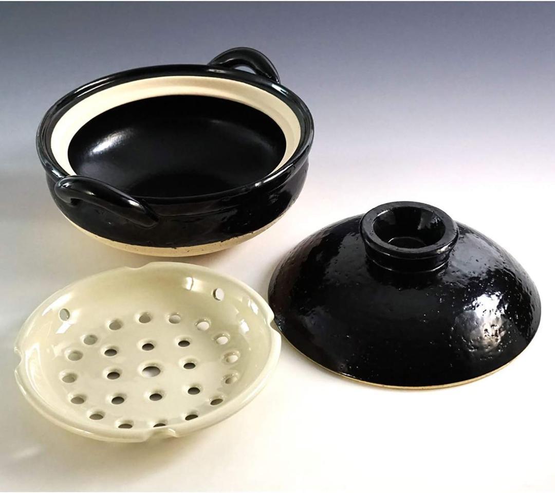 長谷園 ヘルシー蒸し鍋 黒 中 (直火専用) 直火対応 NZW-22