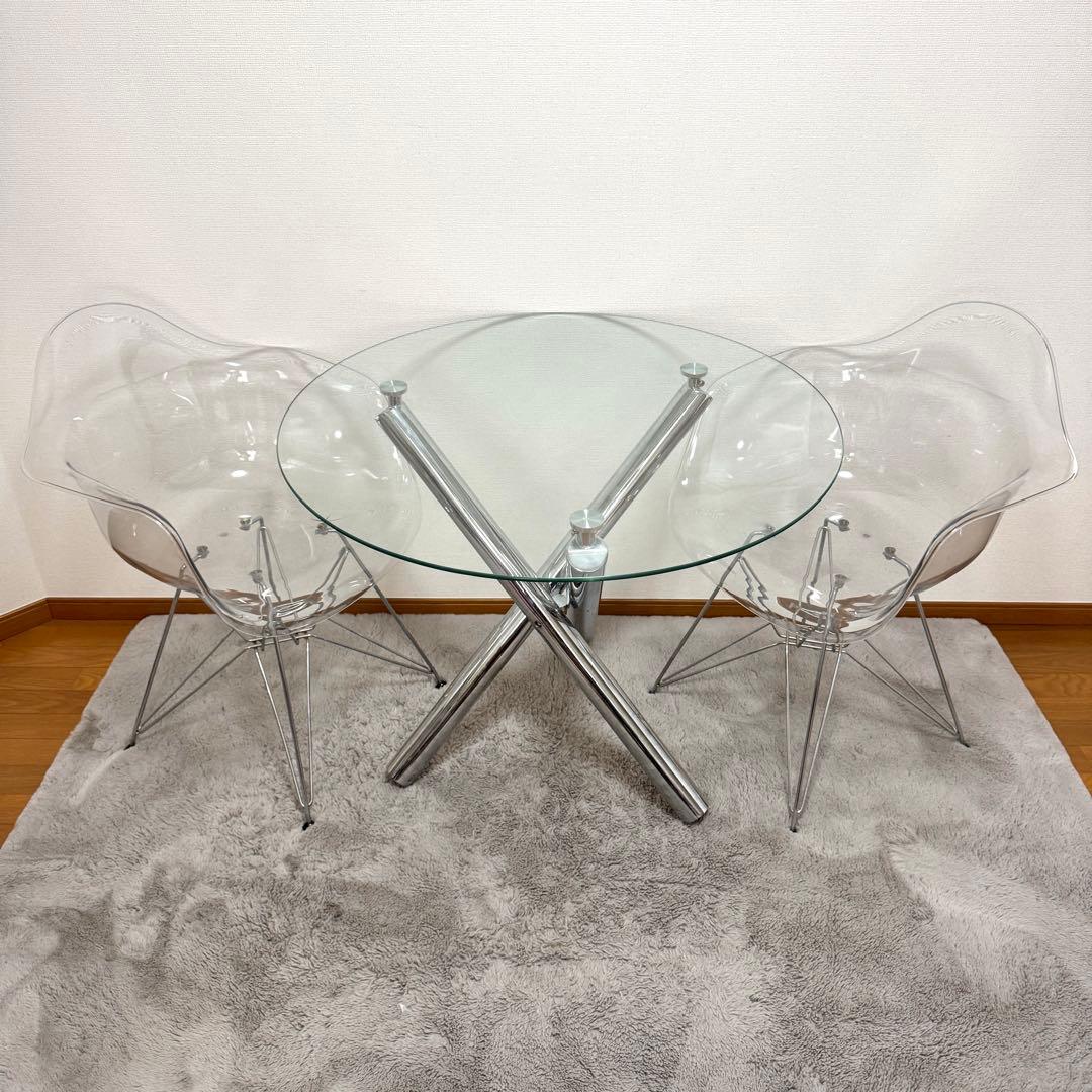 【関東近郊無料配送!!!】 円形 ガラステーブル　クリア椅子 二脚セット