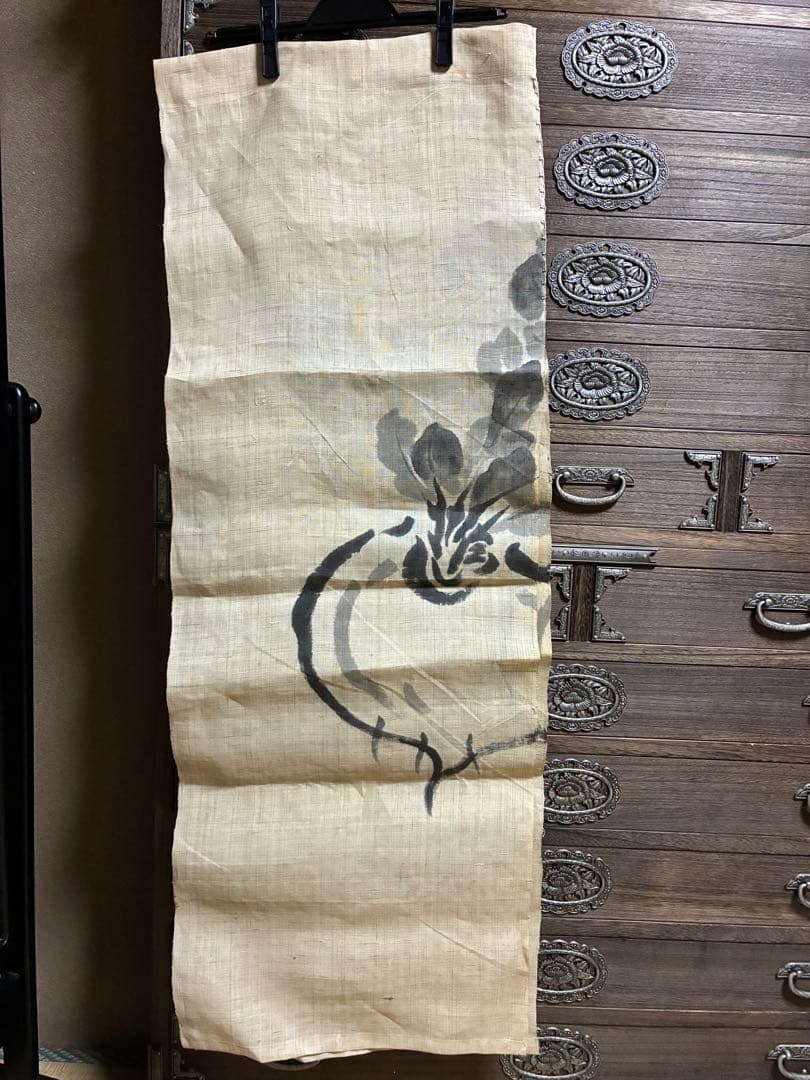 【新品】 麻布 植物の墨絵のれん