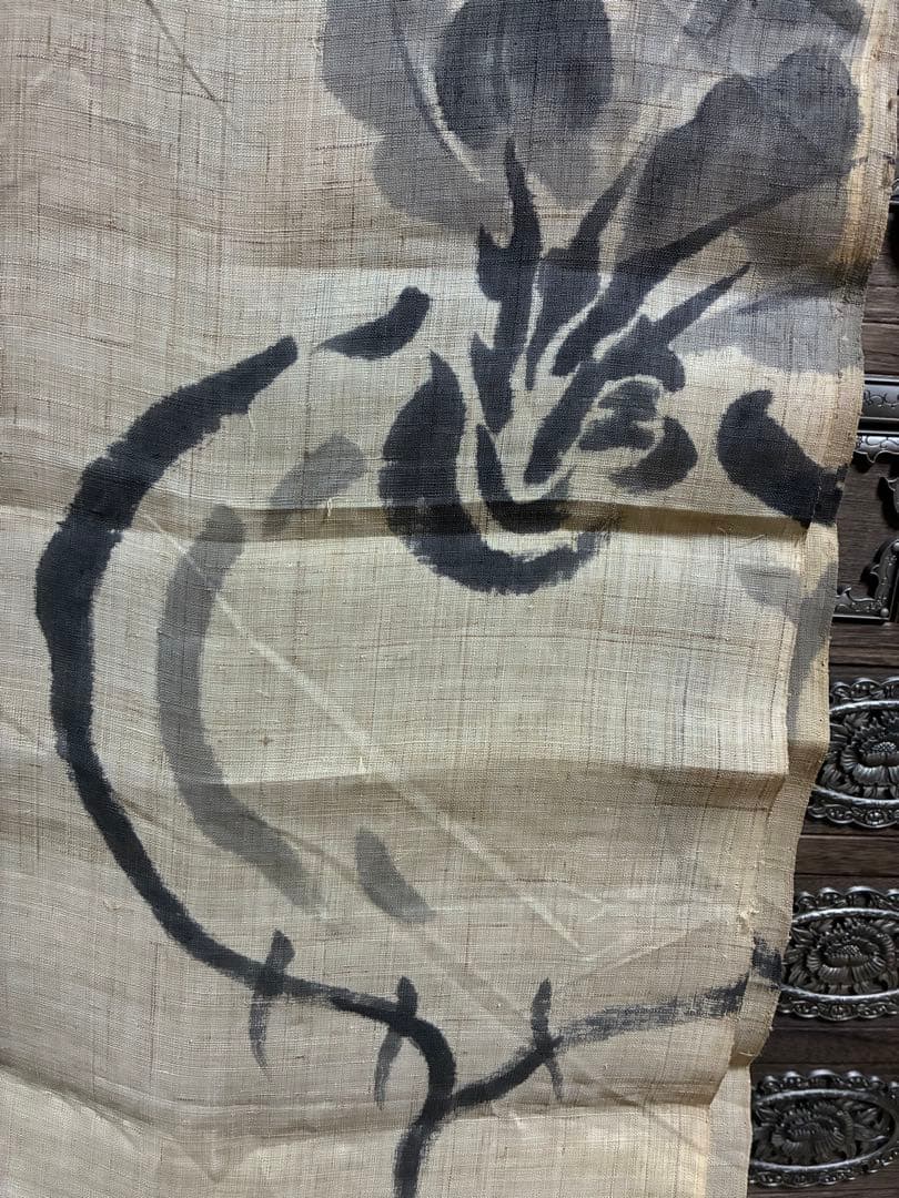 【新品】 麻布 植物の墨絵のれん